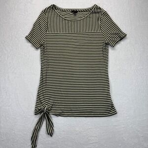 Talbots Striped Tie-Waist T-Shirt Olive Green White Ribbed Knit Top Size M‎